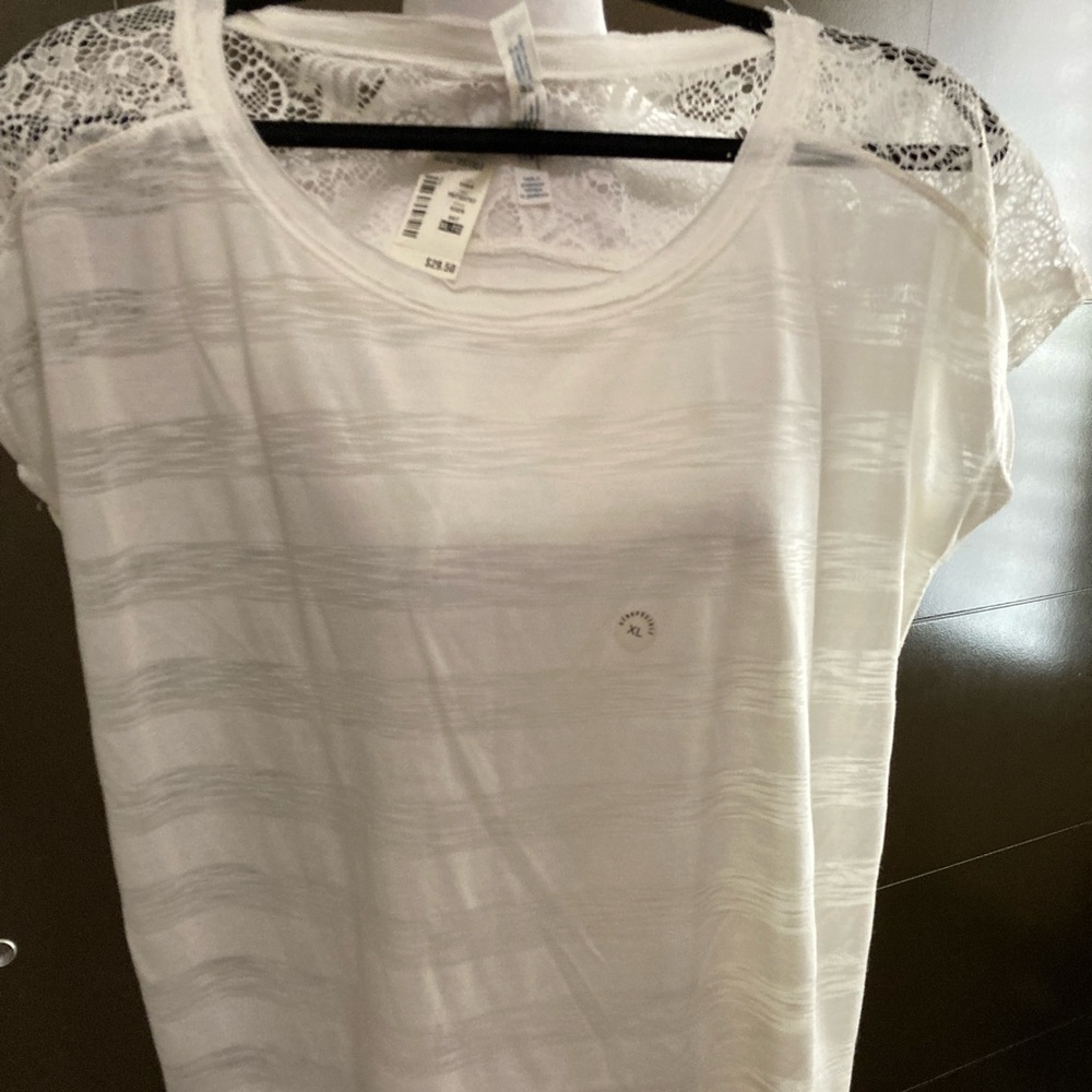 Aeropostale White Sheer Stripe Tee with Lace Cap Sleeves